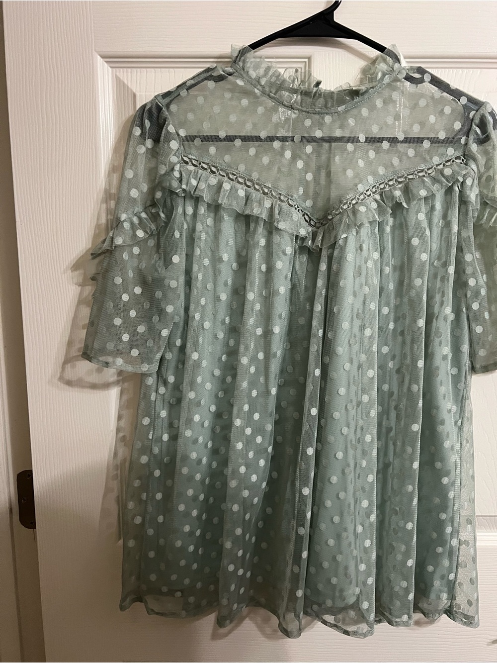 Umgee Sage Green Polka Dot Mesh Blouse small